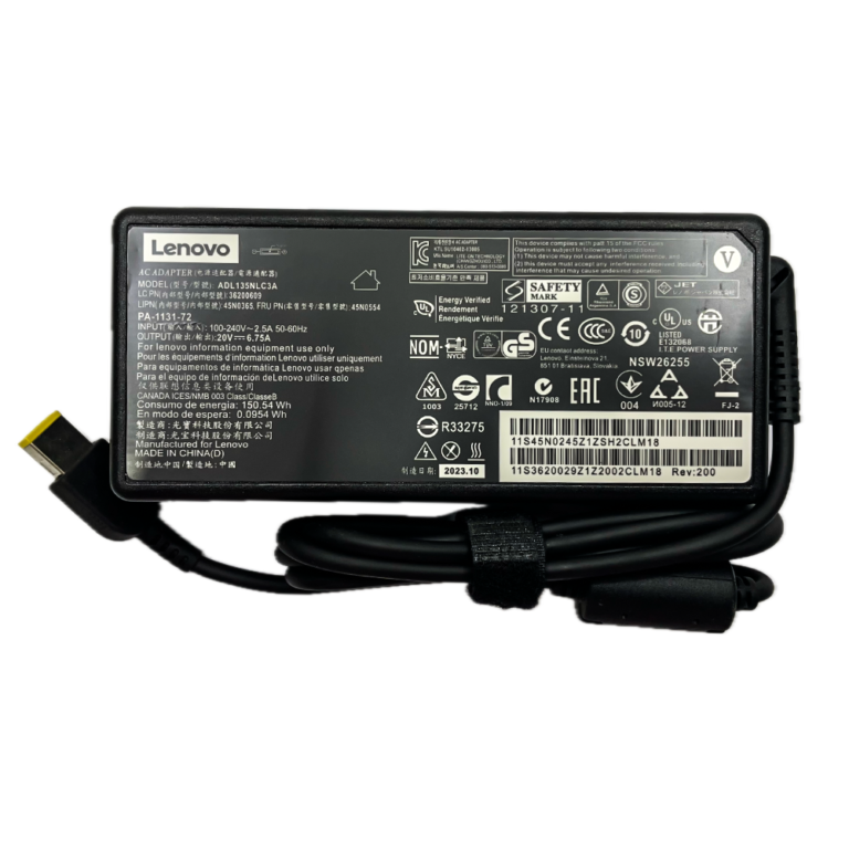 Lenovo 135W laptop charger adapter with slim USB pin connector, 20V 6.75A power supply