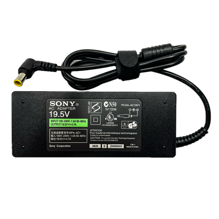 Sony 90W laptop charger adapter with 6.5x4.4mm pin connector, 19.5V 4.7A power supply